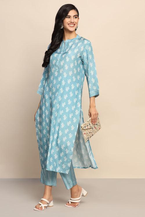 Elegant Printed Blue Color Suit | Silk & Cotton Blend