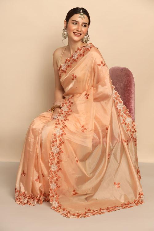 Graceful Peach Color Silk Saree with Exquisite Thread Work and Sequins