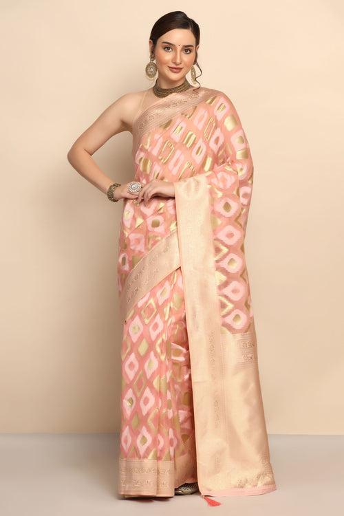 Enchanting Geometry: Pink Color Organza Saree with Geometrical Motif