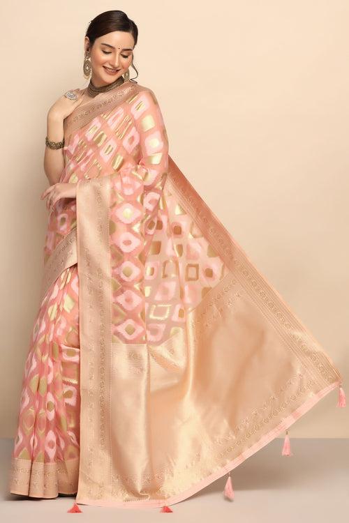 Enchanting Geometry: Pink Color Organza Saree with Geometrical Motif