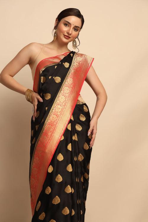 Timeless Black Silk Saree with Zari Work and Paisley Motif