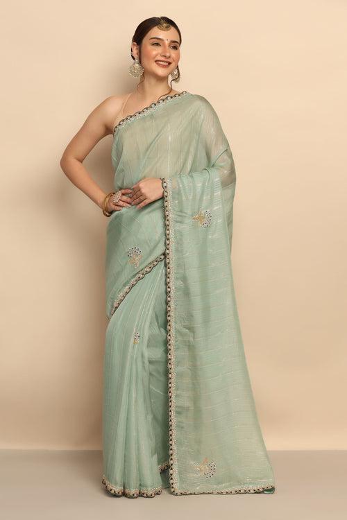 Enchanting Aqua: Aqua Color Foil Sequins Thread Work Moti Silk Blend Saree