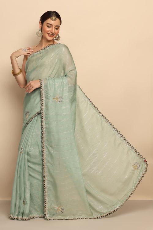 Enchanting Aqua: Aqua Color Foil Sequins Thread Work Moti Silk Blend Saree