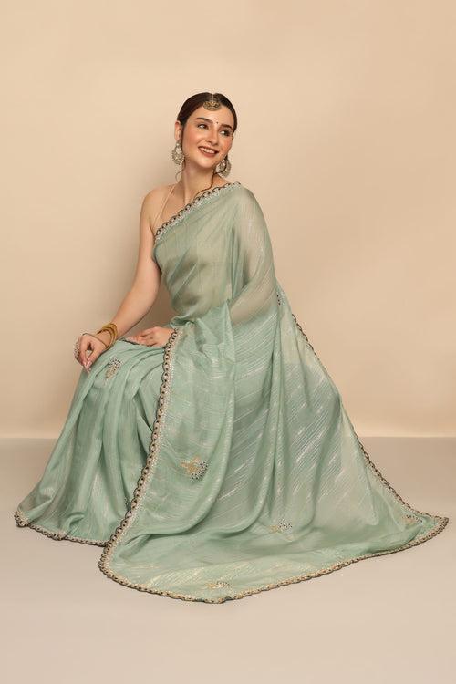 Enchanting Aqua: Aqua Color Foil Sequins Thread Work Moti Silk Blend Saree