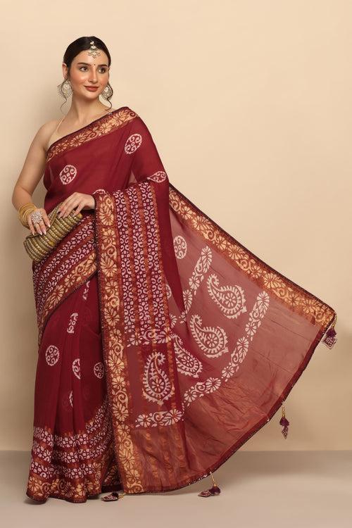 Elegant Wine Color Georgette Saree with Geometrical Motif