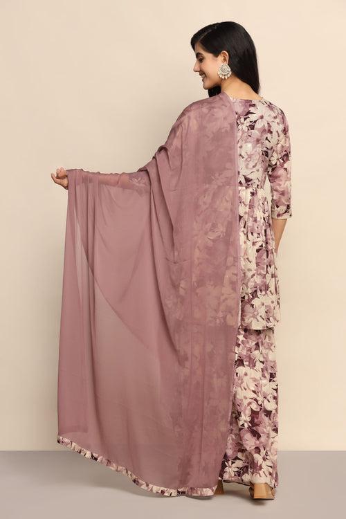 Radiant Purple Floral Print Palazzo and Top Set with Thread Work and Mirror Embellishments