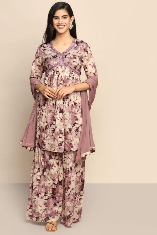 Radiant Purple Floral Print Palazzo and Top Set with Thread Work and Mirror Embellishments