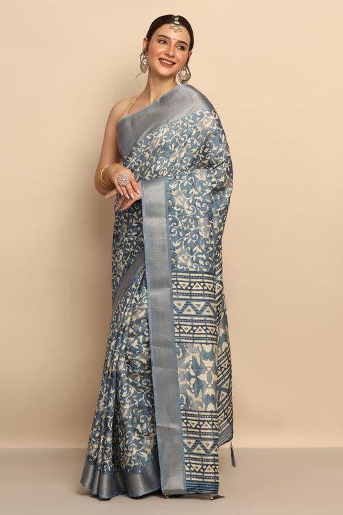 Stylish Geometrical Motif Printed Saree - Blue Color Silk Blend