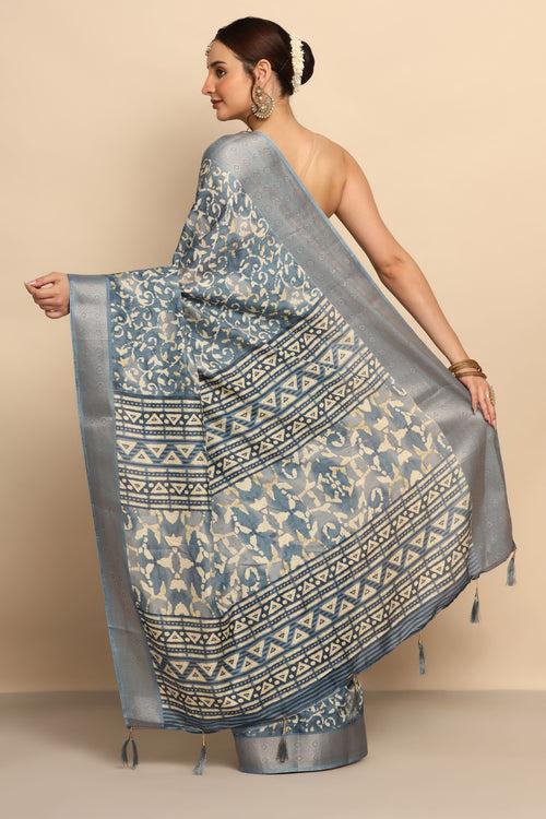 Stylish Geometrical Motif Printed Saree - Blue Color Silk Blend