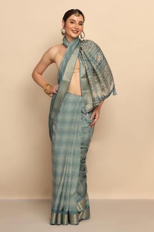 Enchanting Blue Printed Silk Saree | Geometrical Motif | Limited Edition