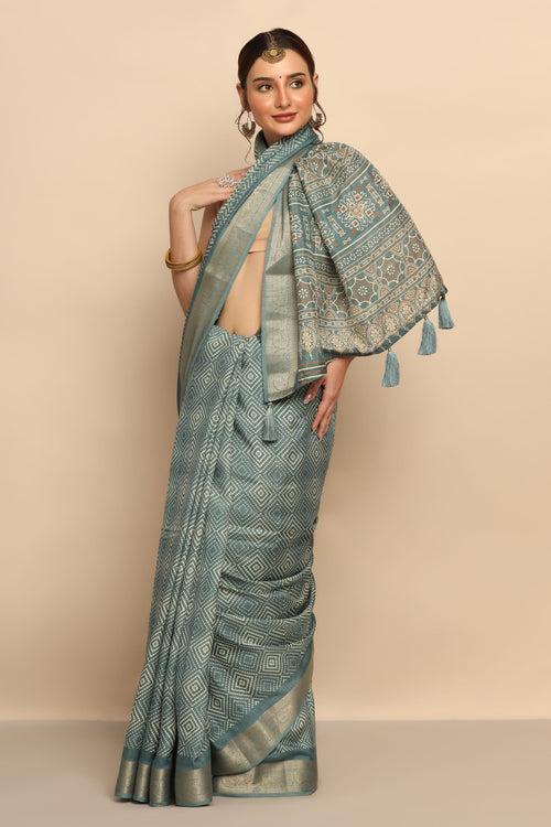 Enchanting Blue Printed Silk Saree | Geometrical Motif | Limited Edition