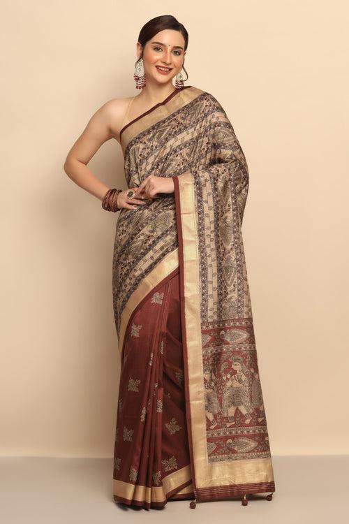 Elegant Brown Floral Printed Silk Saree