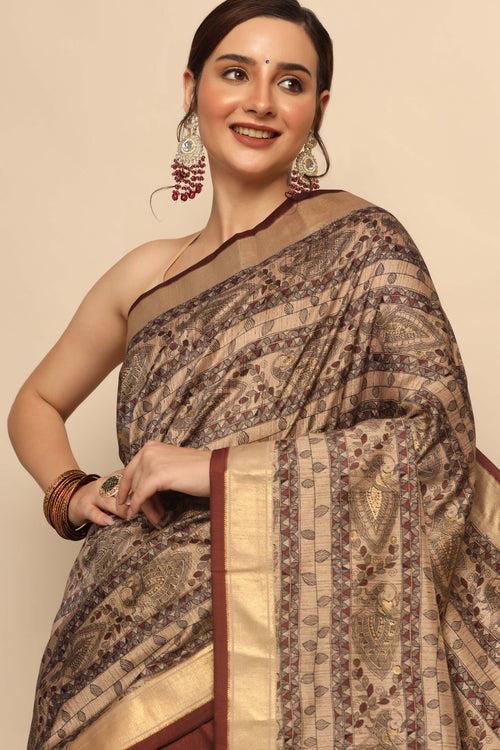 Elegant Brown Floral Printed Silk Saree