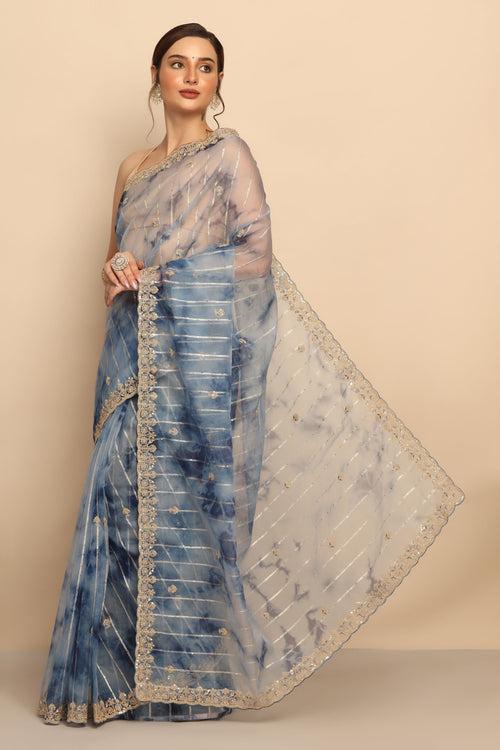 Ethereal Blues: Blue Color Organza Saree with Sequins, Thread Work, and Zari