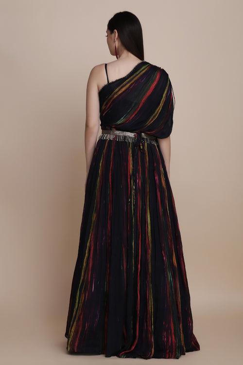 Gorgeous Black Colored Tie And Dye Flared Floor Length Drape Dress With Asymmetrical Sleeves And Embroidered Belt
