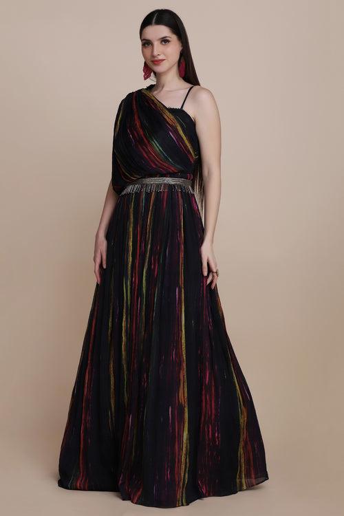 Gorgeous Black Colored Tie And Dye Flared Floor Length Drape Dress With Asymmetrical Sleeves And Embroidered Belt