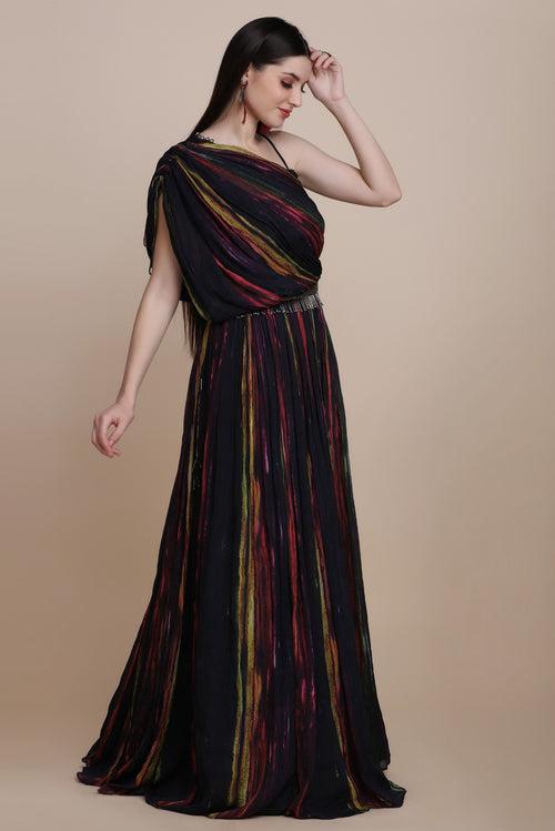 Gorgeous Black Colored Tie And Dye Flared Floor Length Drape Dress With Asymmetrical Sleeves And Embroidered Belt