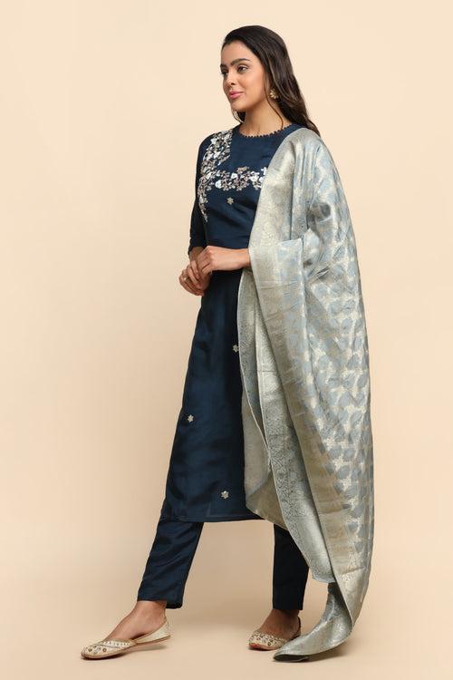 Elegant royal blue color floral motif embroidered kurta set