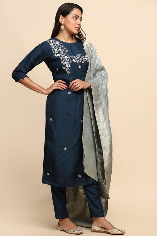 Elegant royal blue color floral motif embroidered kurta set