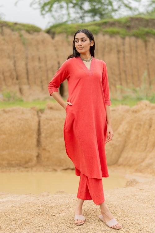 Coral Red Kurta Set