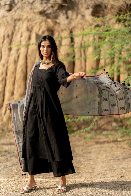 Coal Black Kurta Set with Dupatta