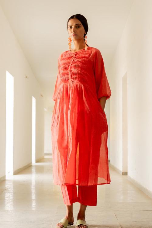 Coral Pleated Kurta and Pants