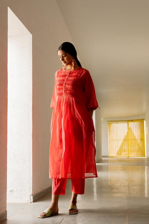 Coral Pleated Kurta and Pants