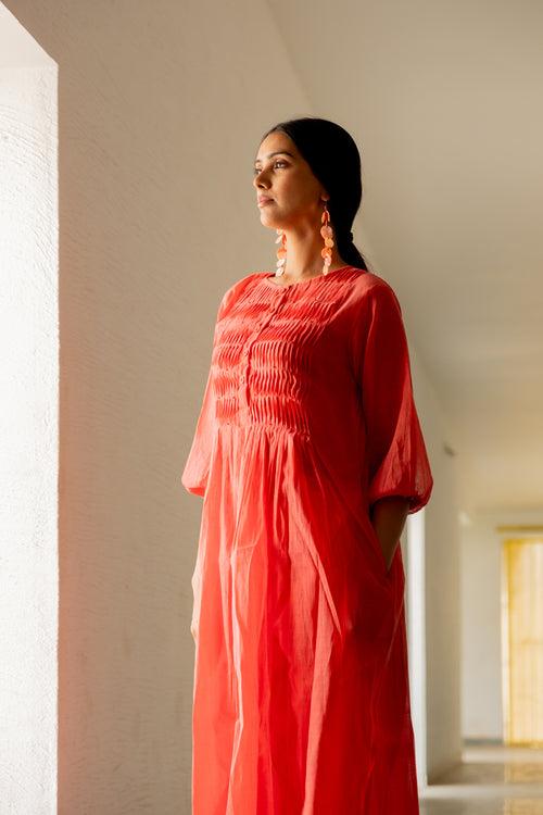 Coral Pleated Kurta and Pants