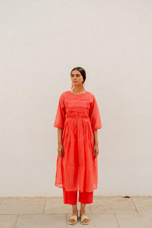 Coral Pleated Kurta and Pants