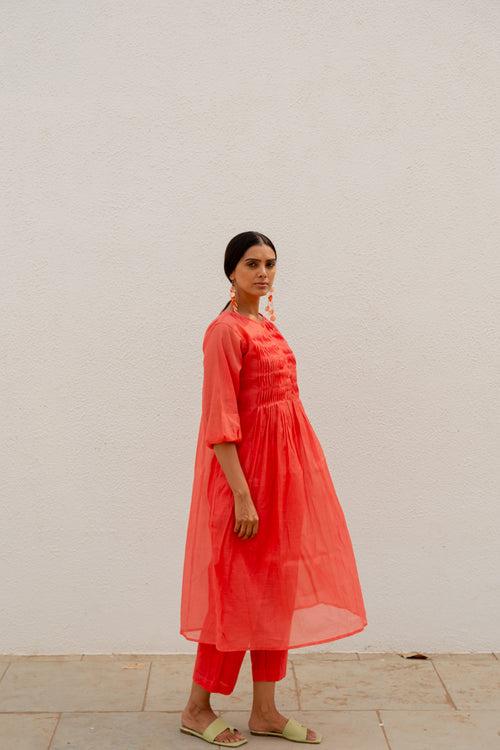 Coral Pleated Kurta and Pants