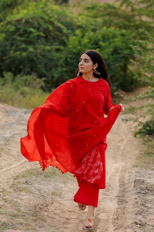 Vivid Red Kurta Set with dupatta