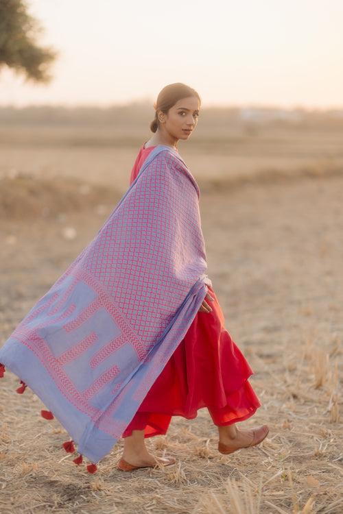 Sunset pink kalidaar set with printed dupatta