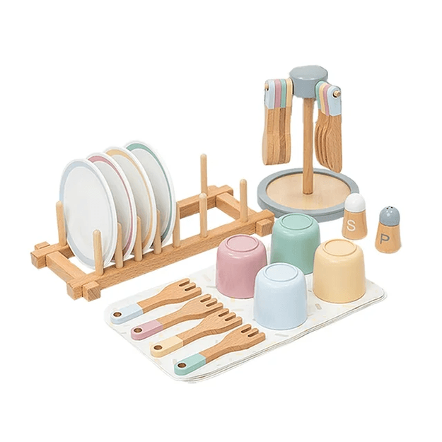 Wooden Toy - Tableware Set Plates Dishes Color Matching Spoons