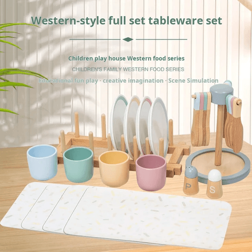 Wooden Toy - Tableware Set Plates Dishes Color Matching Spoons