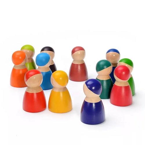 Wooden Rainbow Peg Dolls 12 pc Set Open Ended Play