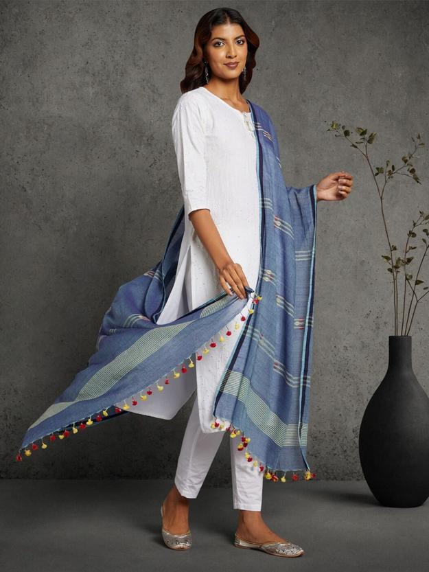 Blue Handloom Jamdani Cotton Dupatta with Pompoms