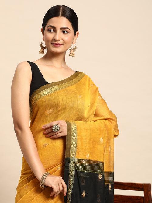 Yellow Black Zari Buti Silk Cotton Saree