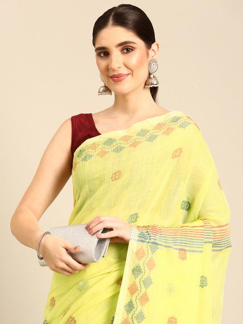 Lime Green Jamdani  Cotton Saree