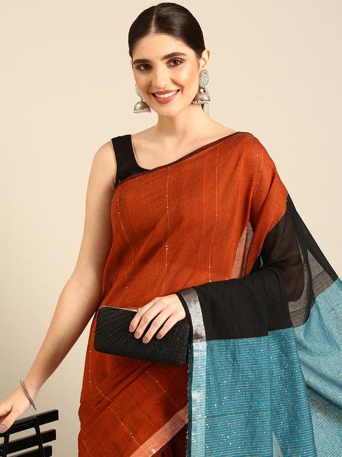 Orange Sky Blue Sequins Cotton  Saree