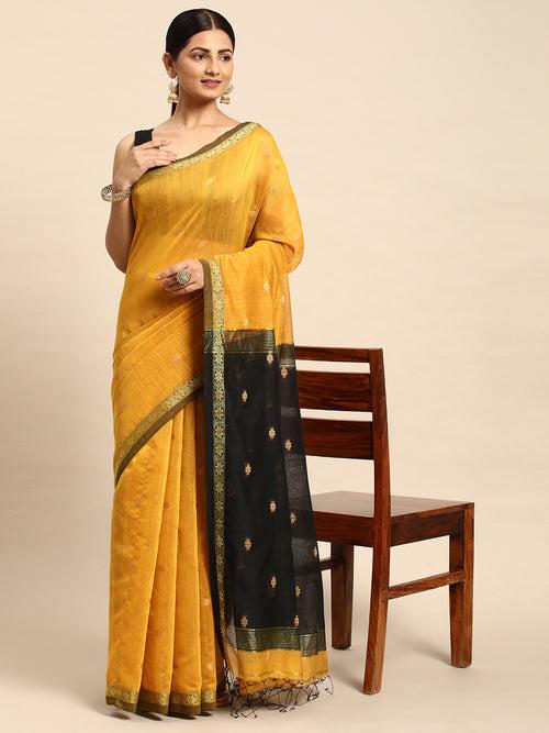 Yellow Black Zari Buti Silk Cotton Saree