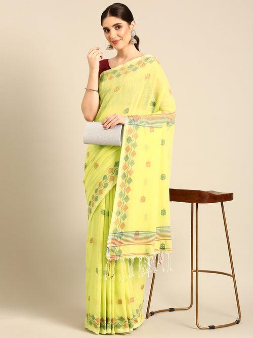 Lime Green Jamdani  Cotton Saree