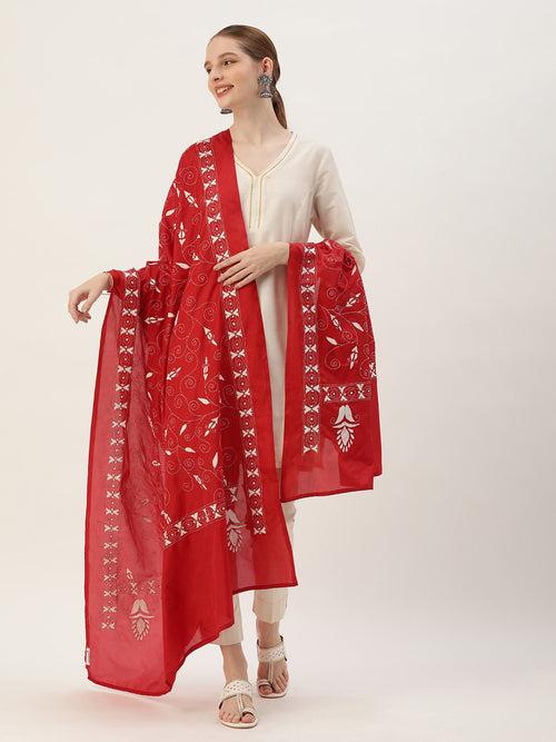 Red White Floral Kantha Silk Dupatta