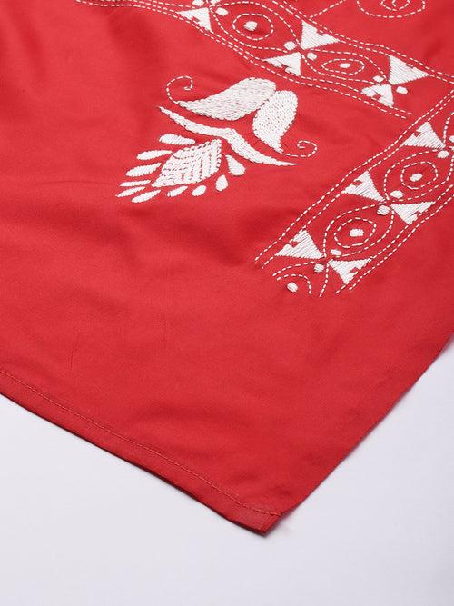 Red White Floral Kantha Silk Dupatta