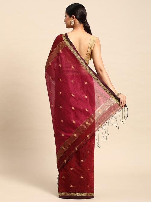 Magenta Maroon Woven Silk Cotton Saree