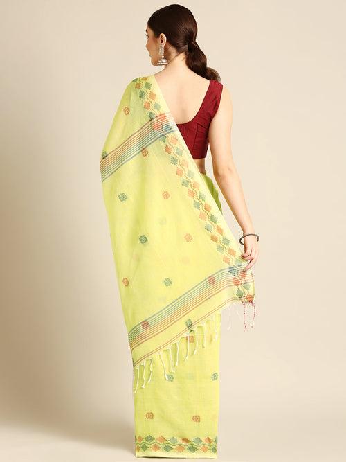 Lime Green Jamdani  Cotton Saree