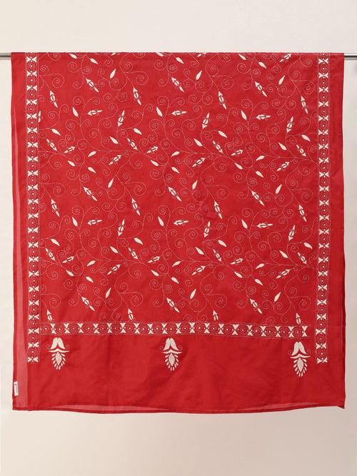 Red White Floral Kantha Silk Dupatta