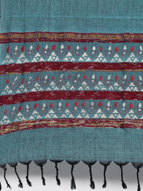 Teal Green Red Khesh Kantha Stole