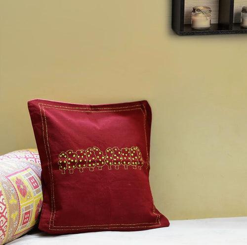 Maroon Yellow Kantha Cushion Cover - Pack of 1