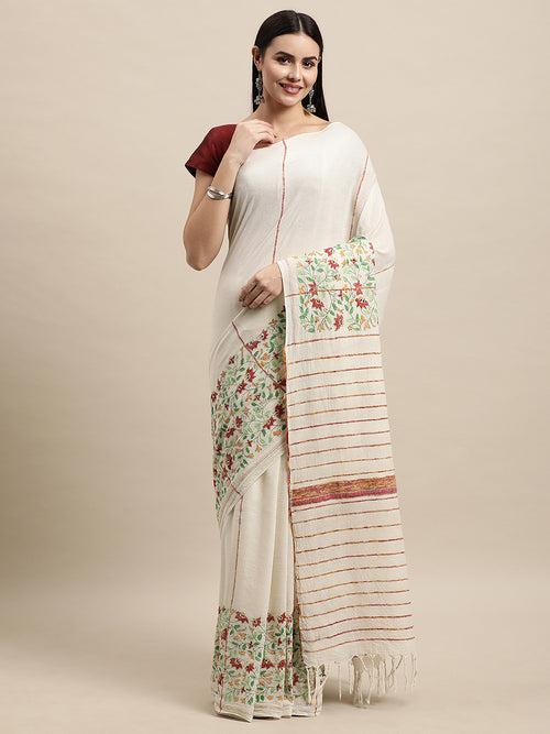 Cream Floral Kantha Cotton Saree