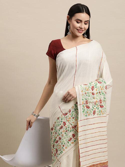 Cream Floral Kantha Cotton Saree